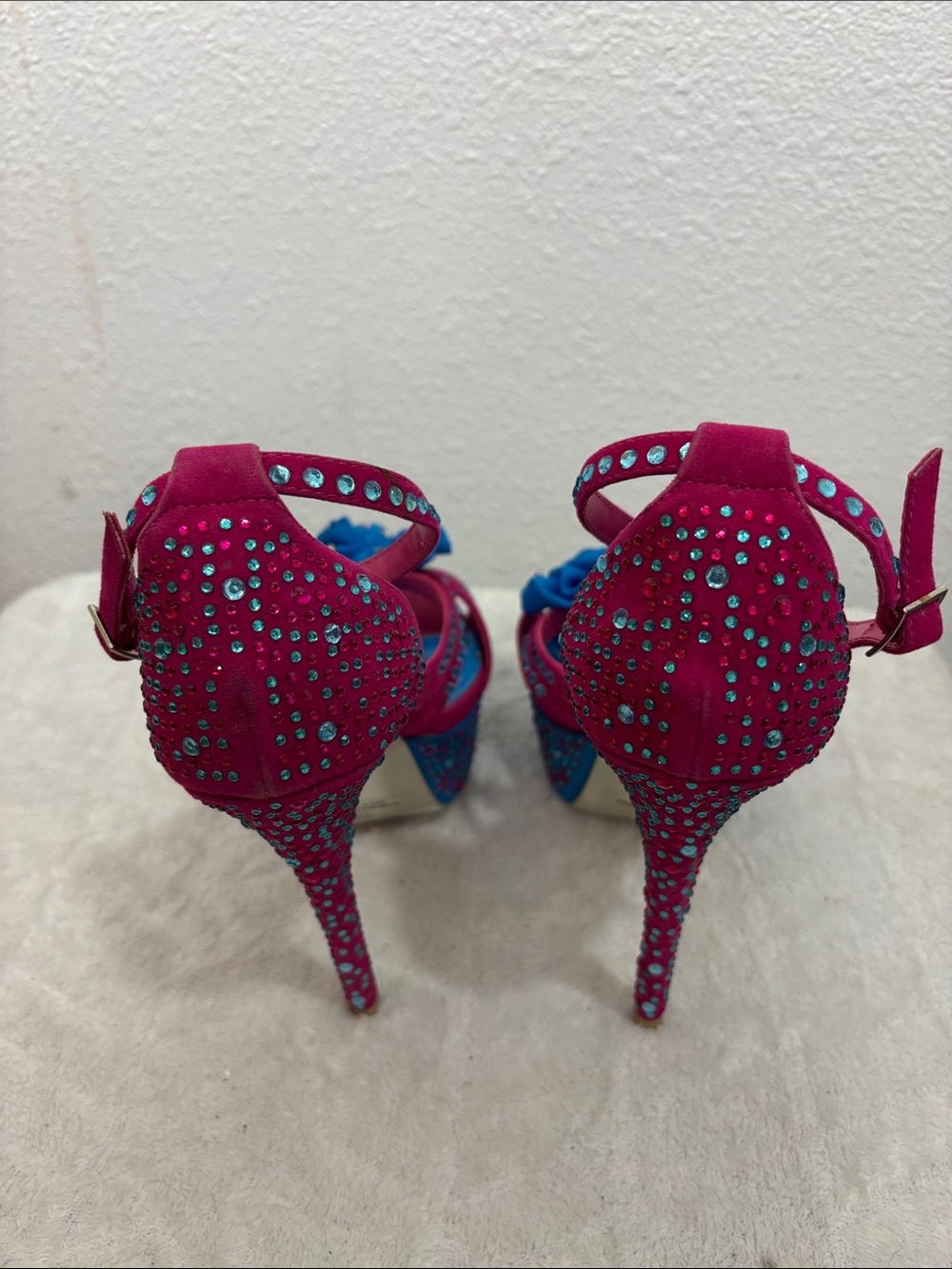 Alba Hot Pink & Blue Rhinestone Platform Heels Size 10 | 6” Stiletto Floral Glam - Picture 6 of 12